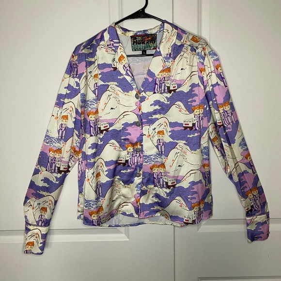 MUKZIN Adventure in Space Purple Print Button Up Long Sleeve Top Size L - Picture 1 of 12